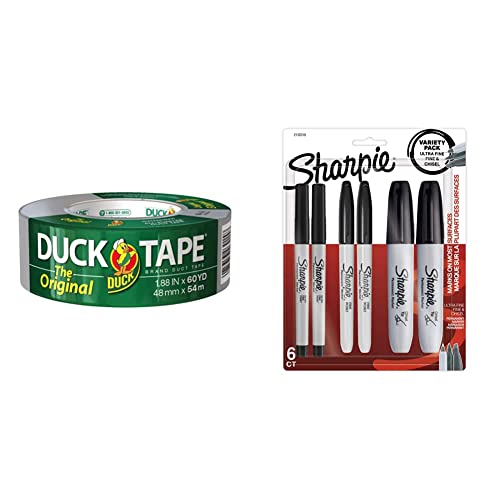 The Original Duck Tape Brand 394475 Duct Tape, 1-Pack 1.88 Inch x 60 Yard Silver & Sharpie Permanent Markers Variety Pack, Featuring Fine, Ultra-Fine, and Chisel-Point Markers, Black, 6 Count