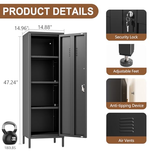 Image of pozdeg 47.24 inch Black Lockable Small Metal Storage Locker | Employees Locker 1 Door & 3 Adjustable Shelves, Steel Cabinet for Employees, Home, School, Office & Gym