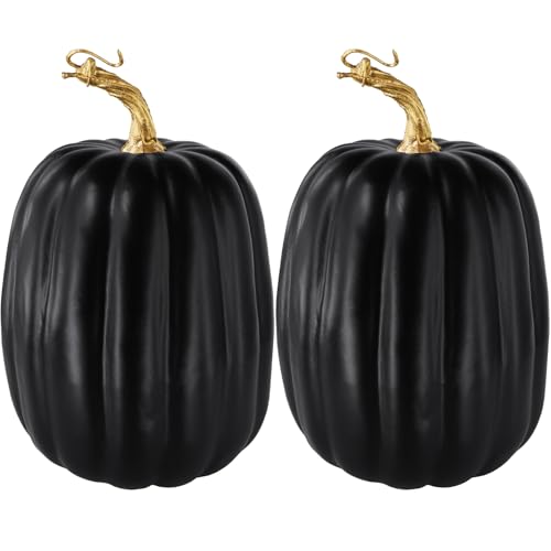 Winlyn 2 Pcs Halloween Large Artificial Pumpkins Black Faux Pumpkins