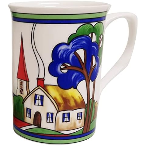 Rainbow Decors Art Deco Village Mugs Set of 2 Fine Bone China 10.5 oz 300 ml Castle Colourful Wrap Country Scene Tea Coffee Cups Hand Decorated UK Cover