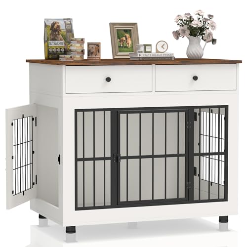 40 inch Dog Crate Furniture-Farmhouse Dog Kennel with Drawers-Heavy Duty End Table Wooden Pet Crate, Decorative Dog House Indoor for Small Medium Large Dog, White
