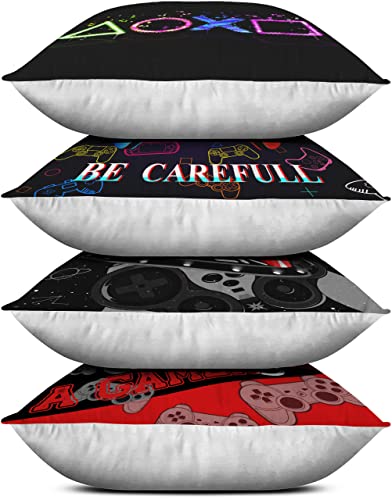 Set Of 4 Pillow Covers For Boys Game Pillow Covers 18"X 18" 4 Packs Gamepad Pillow Cases For Gamer Decoration For Kids Gifts Bedroom Sofa Playroom Peach Skin Velvet Throw Pillow Covers #TOP5
