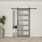BARNSMITH 36in x 84in Glass Barn Door with 6.6FT Sliding Door Hardware Kit Included & Handle,5-Panel Frosted Glass Solid Wood Slab with Water-Proof PVC Surface,Pre-Drilled Easy Assembly,Grey