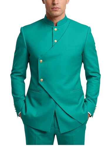 2 Piece Slim Fit Safari Suits for Men Mandarin Collar Teal Green Blazer Pants Prom Suit Men Chinese Tunic Business Outfit XL