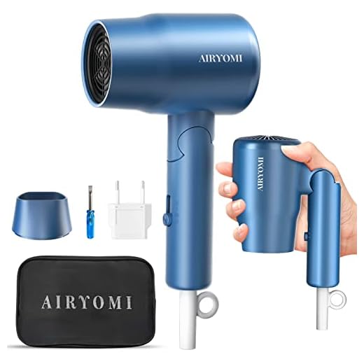 AIRYOMI Portable Travel Hair Dryer Dual Voltage, Lightweight Small Blow Dryer with EU Plug, 1875W Compact Hairdryer with Folding Handle, Concentrator Attachment Hair Dryer for Women Men Blue