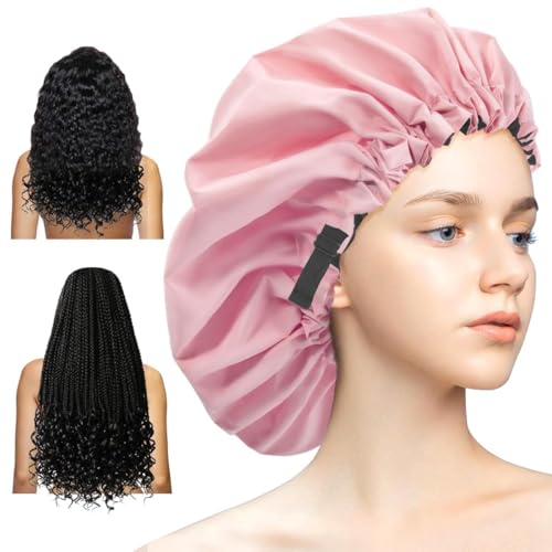Aquior Shower Cap Extra Adjustable Shower Caps for Women Double-Layer Waterproof Reusable Hair Cap Large Size Hair Cap for All Hair for Girls Spa Bath Soft and Comfortable (Pink)