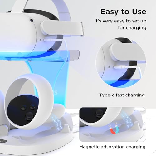 YOGES Charging Dock for Meta Quest 2, Fast Charging Station for Oculus Quest 2 & Controllers with 2 Rechargeable Batteries, VR Charging Stand Accessories for Quest 2, Support Elite Strap (Pure White) by YOGES - Image 4