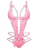Donnalla Women's Deep V Lace Teddy One Piece Lingerie Cutout Strappy Lingerie, Rose Red, Small