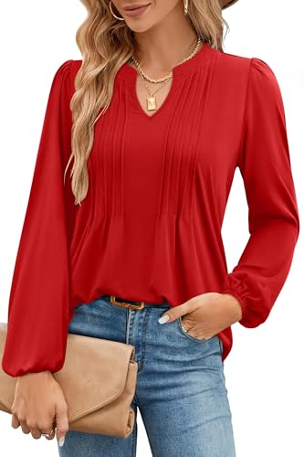 IVIR Damen V-Ausschnitt Puff Langärmel T-Shirts Plisserte Casual...
