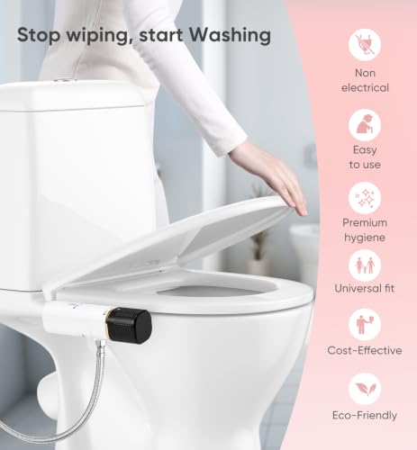 Image of Ultra-Slim Bidet Attachment, Posterior&Feminine Wash-(Retractable Dual Nozzles), Non-Electric Bidet Attachment for Toilet Seat, Adjustable Fresh Cold Water Pressure, Stainless Steel Inlet (BlackGold)