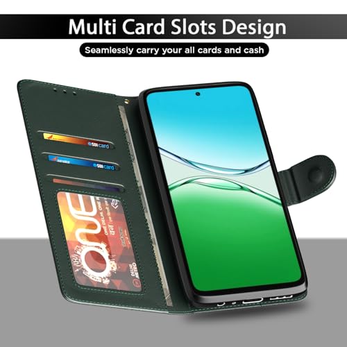 Image of Amazon basics Flip Cover for Oppo A5 5G Leather Finish | Wallet Stand and Shock Proof | Inside TPU with Card Pockets | Complete Protection Flip Case (Green)