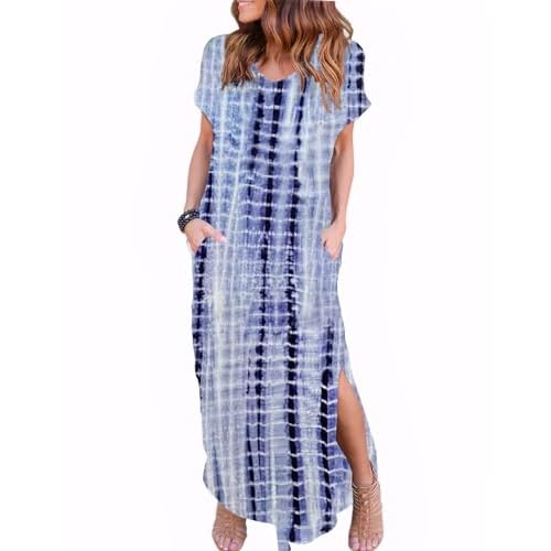 Zilcremo Women Summer Casual Maxi Dress Loose Pockets Short Sleeve Split Boho Dresses Apricot Small Navy Tiedye