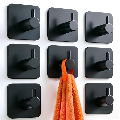 Handtuchhalter Ohne Bohren 8 Stück, Klebehaken Schwarz Matt aus Edelstahl Wasserdicht, Handtuchhaken Extra Starke Selbstklebend, Hohe Tragfähigkeit Robust und Langlebig für Badezimmer, Toilette, Küche
