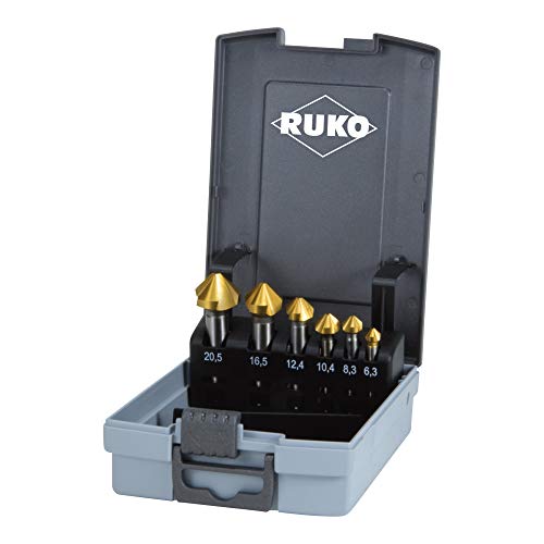RUKO HSS Taper and Deburring Counter Sinker Set in Plastic Case, Din 335, Type C, 90 Degree, Tin Finish, 6 Pieces, R102152TRO