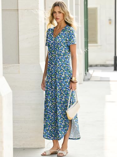 ANRABESS Women’s Summer Maxi Dress V Neck Short Sleeve Slit Side Shirt Dress Loose Fit Travel Beach Dress with Pockets Blue White Green Floral Small — view 3