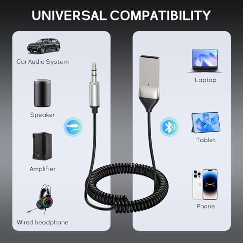Tobfit USB Aux Bluetooth Adapter Auto Bluetooth 5.3 Jack 3.5mm Aux Empfänger Klinke für Freisprechanruf und Wireless Musik für Auto mit USB Anschluss, Lautsprecher, Verstärker