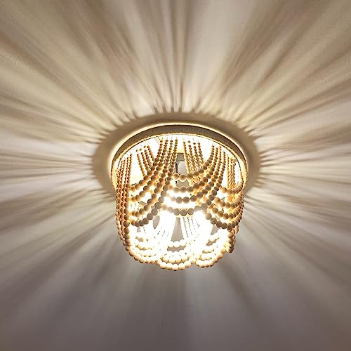 Dikaida Boho Wood Beaded Chandelier, Semi Flush Mount Ceiling Light, 3-Light Oak White Finish Mini Chandelier For Bedroom, Boho Farmhouse Light For Hallway Baby's Nursery Bedroom Kitchen Living Room #TOP3