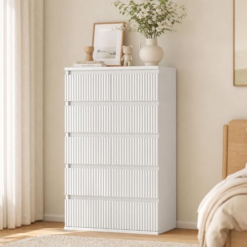 Jocoevol Fluted 6 Drawer Dresser for Bedroom, Modern Wood Chest of Drawers, Tall Storage Dresser with Deep Drawers, Handleless Floor-Standing Dresser for Bedroom, Living Room, Entryway, White by Jocoevol - Used condition - Image 9