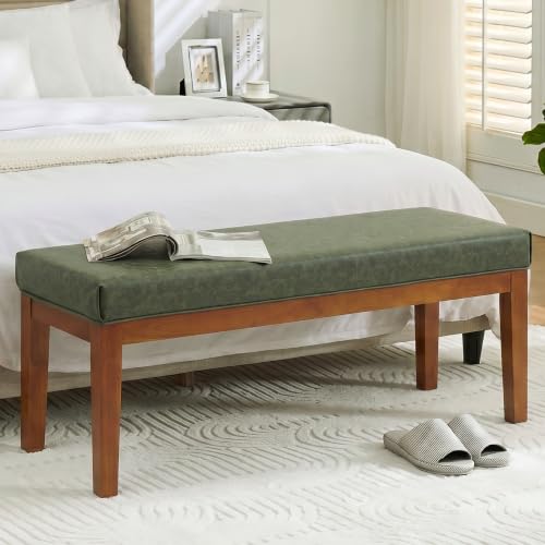 Image of 43.5 inch Upholstered Faux Leather End of Bed Entryway Bench, Olive Green | Padded upholstered bench with solid wood legs, ideal for entryway, dining room, bedroom, vanity area, or living room.