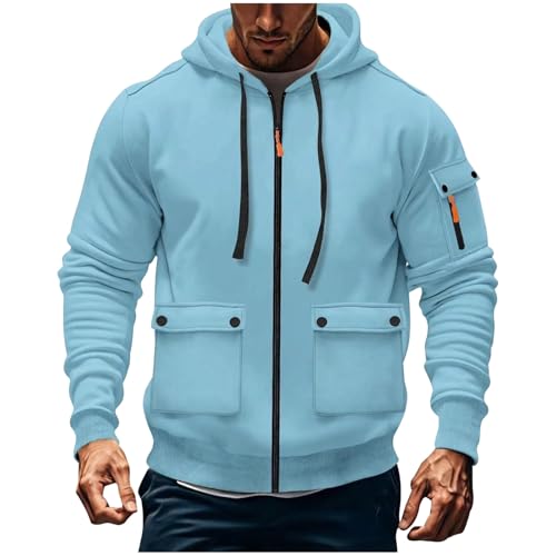 Image of Work Hoodies for Men Zip Up,Fleece Lined Jumpers Mens Cargo Military Hooded Sweatshirt Tactical Pullover Sweater Tops Winter Gym Sports Outfits Hoody Essentials Hoodies with Pockets Sky Blue