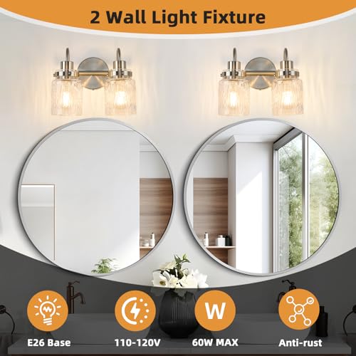 Image of 2 Lights Hammered Glass Bathroom Vanity Light,Brushed Nickel | Easy Installation,Up or Down,Farmhouse Modern Style,E26 Socket,ETL Certification