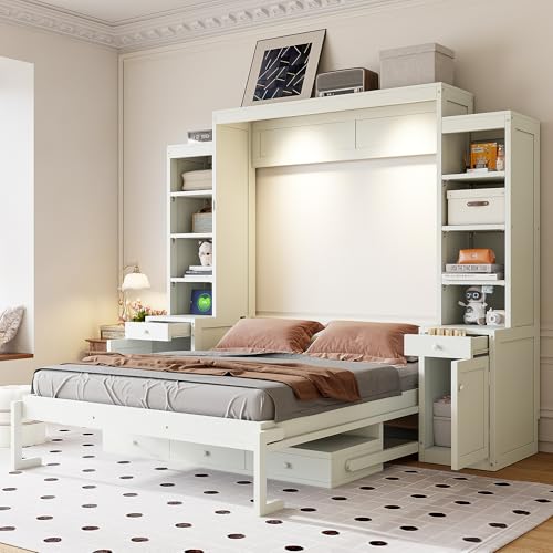 Image of Merax Queen Size Murphy Bed with Desk and Lights, Power Outlet, Foldable Murphy Cabinet Bed with Open Storage Shelves & Drawers, Wood Space-Saving Hidden Wall Bed for Guest Room Office, Antique White