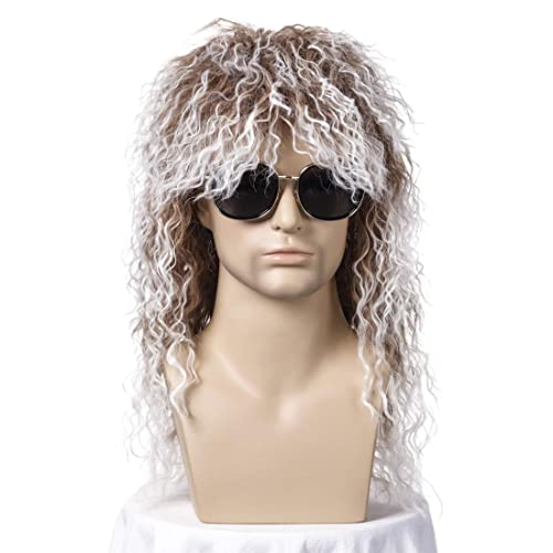 70s 80s Mullet Wig for Men ATAYOU Long Brown Mixed Silver Gray Punk Heavy Metal Wig Rocker Disco Wig for Carnival Halloween Cosplay Costume