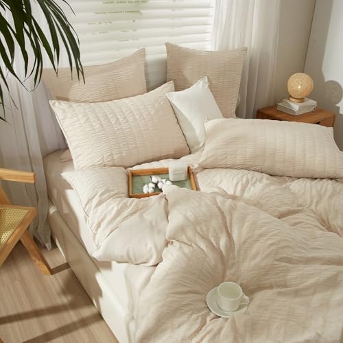 YASMENG Seersucker - Ropa de cama de 220 x 240 cm, diseño a rayas, color beige, 3 piezas, suave y transpirable, microfibra, funda nórdica con cremallera y 2 fundas de almohada de 80 x 80 cm