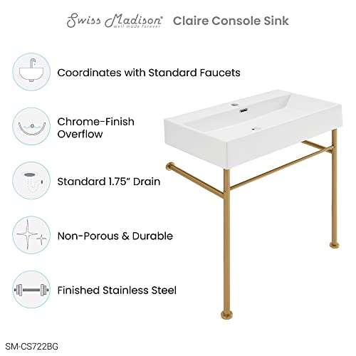 Claire 30" Ceramic Console Sink White Basin Brushed Gold Legs #TOP1