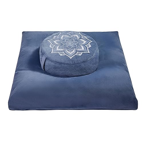 Meditation Zafu Cushion Set with Buckwheat Hulls & Memory Foam – Ergonomic Support for Yoga & Sitting – Removable Machine-Washable Luxury Velvet Cover – for Adults and Kids (Blue)