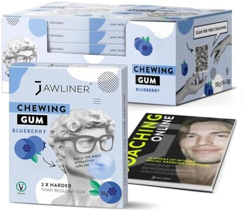 JAWLINER Hard chewing Gum, Jawline gum - Sugar Free Blueberry Gum - Jaw Exerciser - mastic gum for Mewing - 2x Harder Than Regular Chewing Gum 330 Grams(120 strips)