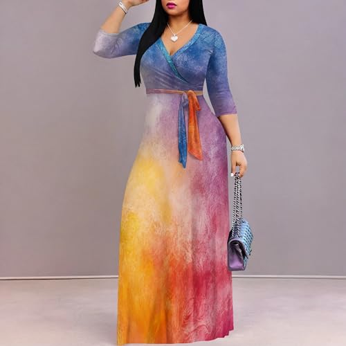 Image of PinkPatty Women's Print Maxi Dresses 3 /4 Sleeve Flowy Long Dress V Neck Wrap Tie Waist Sundress