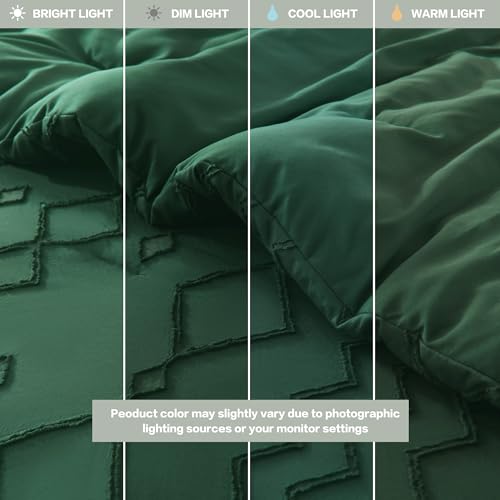 Image of Andency Comforter Full Size Emerald Green, 3 Pieces Dark Green Boho Tufted Geometric Shabby Chic Bedding, Soft Fluffy Farmhouse Bed Set, Jacquard Textured Comforter for All Season(79x90 Inch)