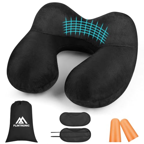 flintronic Almohada de Viaje Hinchable, Cojin de Viaje Cuello para Avión y Coche, Hecho de Terciopelo Suave y Funda Lavable, Almohada de Cuello Portátil y Ligera para Viajes, Oficina, Casa, Negro