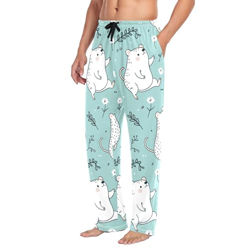 Men's Pajama Bottom Cute Bears Among Flowers Cotton Pajama Pants Drawstring Sleepwear Long Pants Pockets4