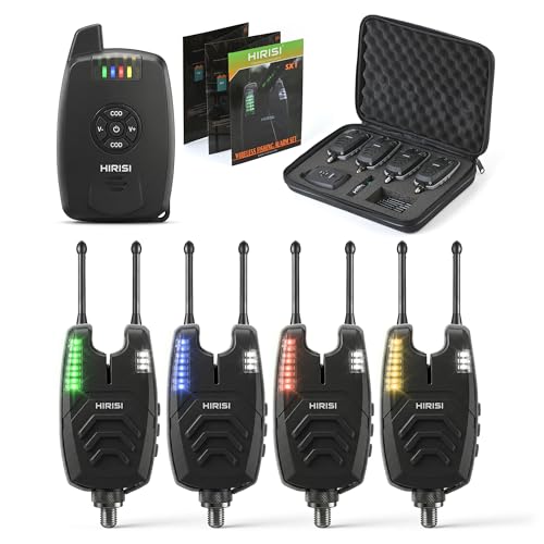 Hirisi Tackle Ensemble d'alarme sans fil pour la pêche à la carpe, 4 alarmes et 1 récepteur, détecteur de touche entièrement fonctionnel avec radio (SX1-4)