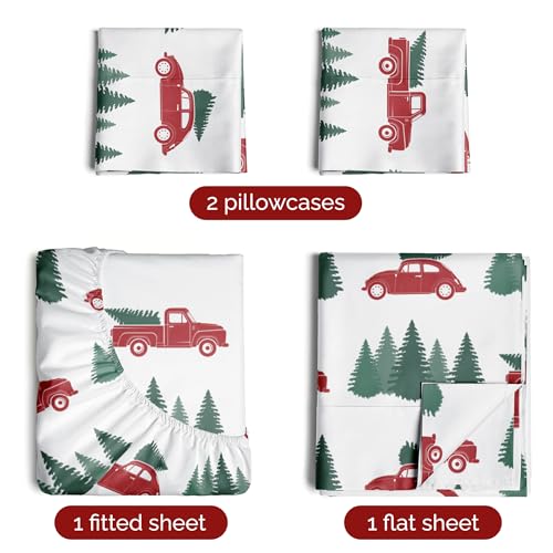 King Christmas Tree Sheet Set - Holiday Xmas Pattern Bedding Set - Deep Pockets - Snug Fit - 4 Piece - Wrinkle Free - Cooling Comfy Cozy Festive Winter - Holiday Sheets for Women, Men, Kids & Teens