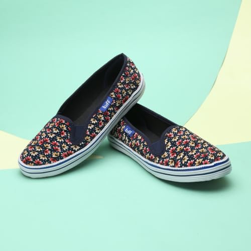 Image of TUFF Women's Canvas Slip-On Sneakers, Navy and Red Floral Print, Rubber Sole, Casual Jutti,Bellies