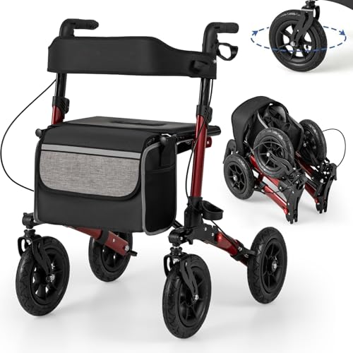 RELAX4LIFE Déambulateur 4 Roues Pliable Léger | Rollator 4 Roues Tout Terrain | Assise & Dossier Rembourrés | Panier | Hauteur Réglable | Déambulateur Pliable Portable pour Personnes Âgées (Rouge)