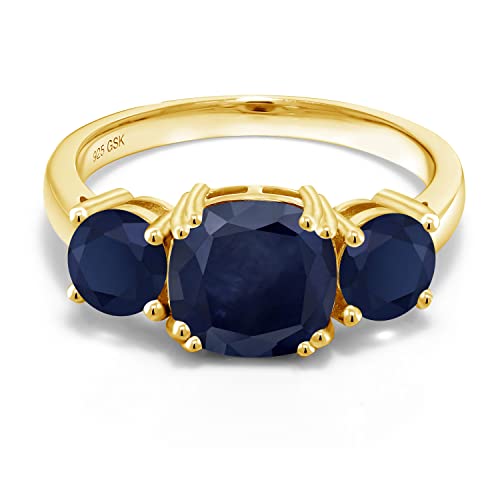 Gem Stone King 18K Yellow Gold Plated Silver Blue Sapphire 3 Stone Engagement Ring For Women (4.02 Cttw, Gemstone September Birthstone, Cushion 8MM and Round 5MM, Available in Size 5,6,7,8,9)3