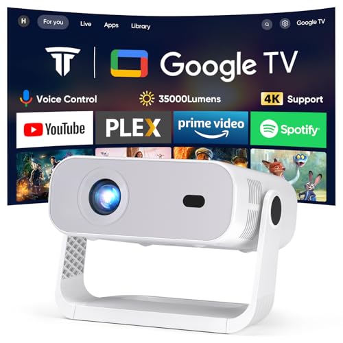 Wielio 2026 New Google TV Projector Built-in Apps Native 1080P 4K Supported WiFi 6 Bluetooth 5.2, 35000 Lumens, Low Fan Noise (<30dB), Home Cinema Projector for iOS/Switch /PS5