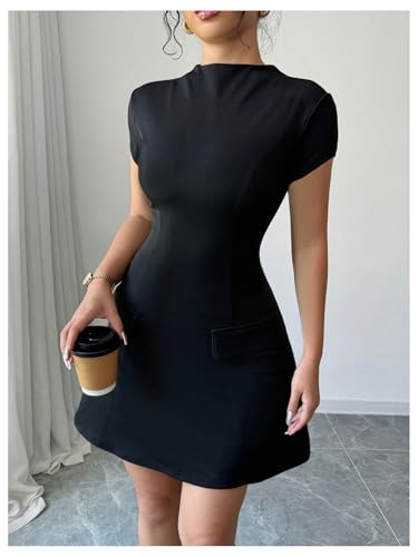 Image of SOLY HUX Women's Mock Neck Short Sleeve Dress A Line Flared Mini Dresses Pure Black Medium