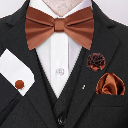 Image of Alizeal Mens 4pcs Formal Solid Bow Tie Set | Pre-tied Pocket Square Cufflinks Boutonniere for Wedding Everyday Use