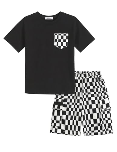 Image of Arshiner Boys' 2-Piece Cotton Outfit Short Sleeve Crewneck T-Shirt & Cargo Shorts Set Summer Casual Clothes for Kids 5-13