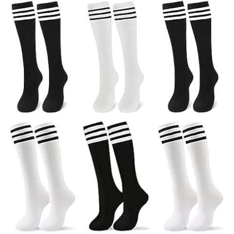 V TOWER 6 Pairs Long Socks for Girls 8-10 Years - Black and White Soccer Socks Youth Boys 8-12 Girls Long Socks - Soccer Socks Girls & Boys Knee High Socks Cover