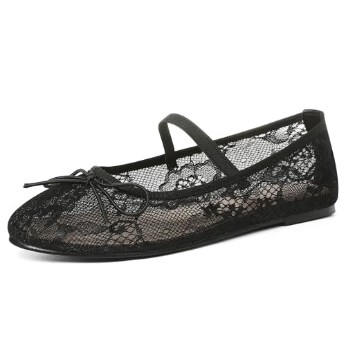 Women's Black Mesh Flats Shoes Ballet Flats for Women Floral Mary Jane Ballerina Round Toe Comfortable Daily Dress Summer Flats Shoes