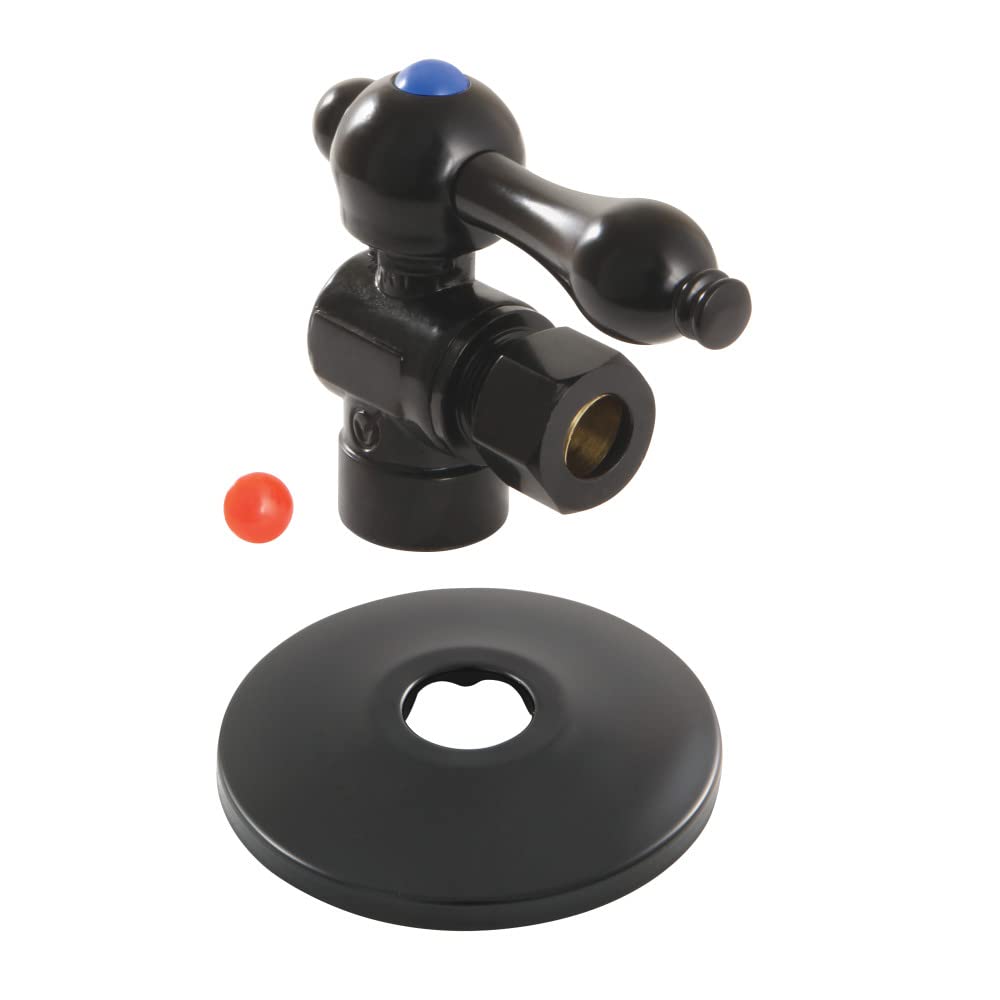 Kingston Brass CC43200K Válvula de parada de ángulo de cuarto de vuelta con brida de 1/2 pulgada de sudor x 3/8 pulgadas OD Comp, negro mate
