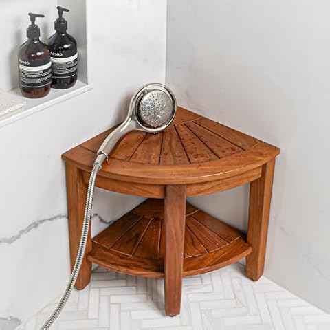 Best Home Fashion Teak Corner Shower Bench with Shelf, Teak Shower Stool for Bathroom and Spa - 16” W x 16” L x 17.25” H Cover