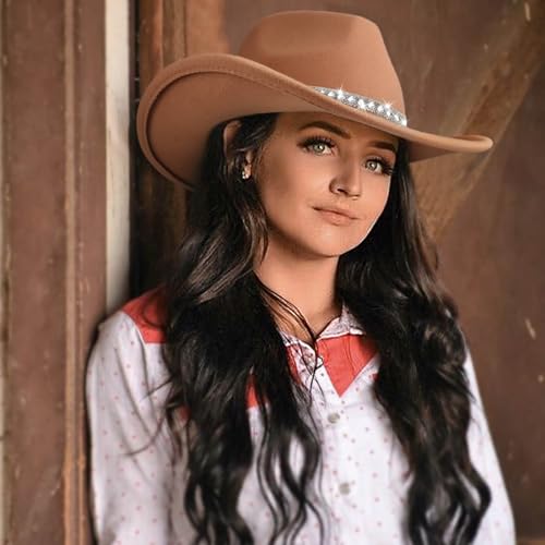 DRESHOW Western Cowboy Hat for Women and Men Wide Brim Glitter Cowboy Cowgirl Hats with Rhinestone Felt Fedora Unisex Rolled up Caps