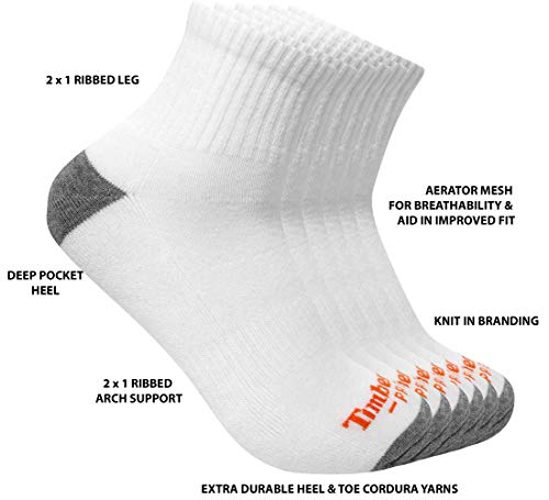 Timberland Pro Mens Timberland Pro Men's Performance Quarter Length 1/2 Cushion 6-Pack Casual Socks, White, Large Us #TOP3